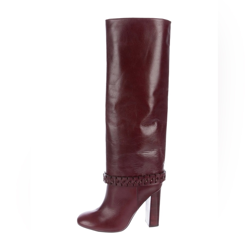 11/41 New, oxblood, Tory Burch Sarava Braid Stovepipe, leather boots. Rare size.